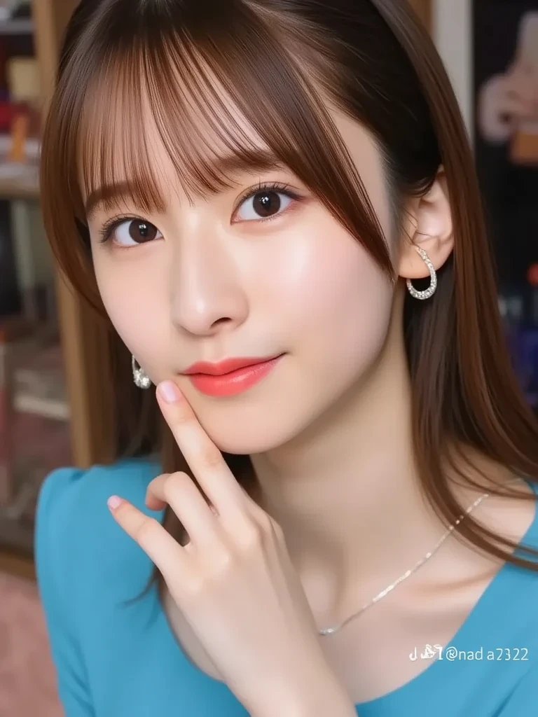 (highest quality、8K、32k、masterpiece)、(realistic)、(Photoreal:1.2)、(High resolution)、Super detailed、very beautiful face and eyes、1 girl、round and small face、thin waist、delicate body、(close、highest quality、high detail、Rich skin details)、(highest quality、8K、oil paint:1.2)、Super detailed、(realistic、realistic:1.37)、bright colors、(((bust shot)))、(((brown hair)))、(((brown hair)))、(((long hair)))、(((It's a girly hairstyle)))、(((pure white wall background)))、(((pure white wall background)))、(((wearing a light purple dress)))、(((One piece with frills)))、(((Gingham plaid dress)))、(((She has a happy expression)))、(((laughter)))、(((wearing a light purple dress)))、(((look straight ahead)))、(((holding up index finger)))、