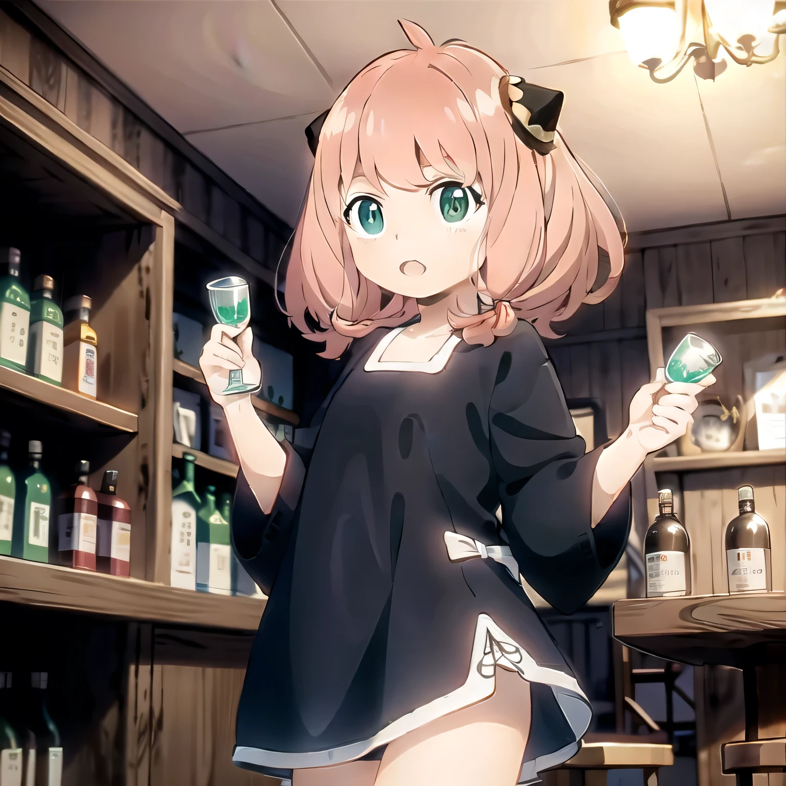 A 2D anime-style illustration. The scene is set inside a dimly lit, cozy Japanese "snack" bar. The lighting is soft and warm, with gentle shadows creating a relaxed, moody atmosphere. Bottles of liquor line the shelves behind the bar, and small round tables are scattered throughout the room. A young woman is standing near a table, wearing a stylish, slightly sexy dress commonly seen in such bars — like a fitted cocktail dress with soft fabrics and subtle glitter. She looks elegant and approachable. The focus is on the warm mood and ambient light. No text in the image. Pink hair, twin tails, green eyes.
