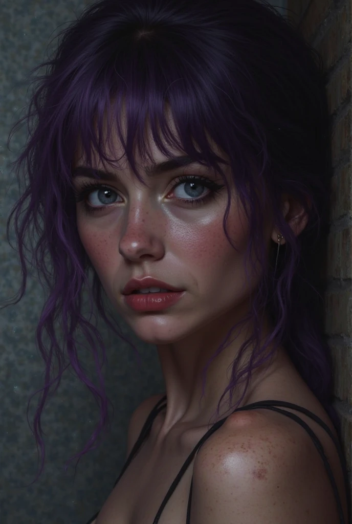 Boy with long, two-tone hair, left side purple and right side black, rostro masculino afeminados Chico, Chico, boy , sexy, effeminate body, man