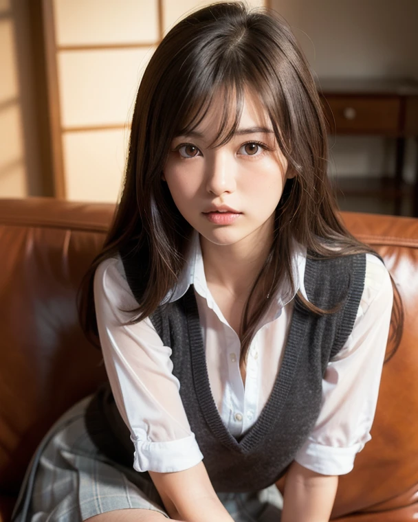 (masutepiece:1.2, top-quality), (Realistic, Photorealistic:1.4),
Looking at Viewer, Full body,
1 girl, Japanese, High School Girl, (Long hair:1.5), blown hair, Bangs, hair between eye, Large breasts:0.8,
Beautiful hair, Beautiful face, Beautiful detailed eyes, Beautiful collarbone, Beautiful body, Beautiful chest, beautiful thigh, Beautiful legs, beautiful fingers beautiful scenery), , School,
((Collared shirt, White shirt, School uniform, Cardigan, Grey plaid pleated skirt))、
Smile, ,masterpiece、top-quality、hight resolution、独奏、inside the house、Red ribbons、Undressed、bra very、Side Tie T-Back、Sprawl、From above、Outstretched arms、irate、a bed、Disturbed clothing、Rough breath、Sexual facial expressions