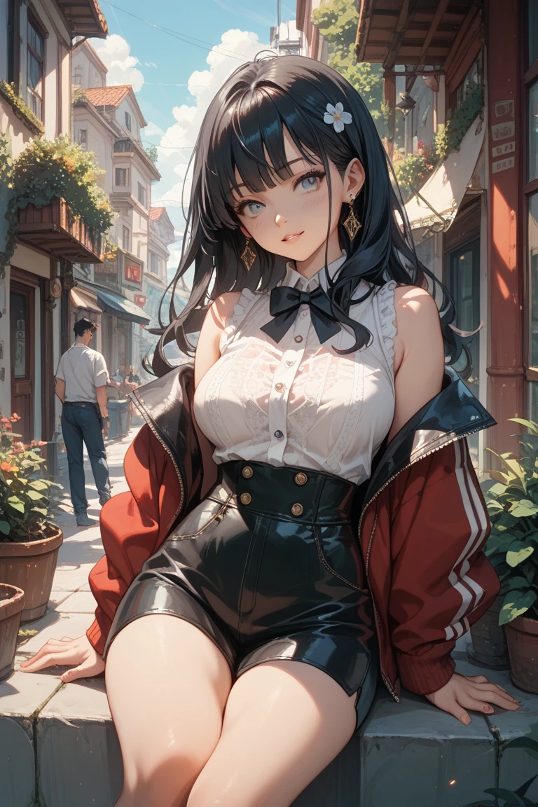 masterpiece, top quality, super detailed, high resolution, (ink painting style), excellent ???????, beautiful 1 woman, beautiful illustrations, perfect lighting, colorful, depth of written boundary, beautiful detailed hair, beautifully detailed face, beautiful fine details, beautiful clavicle, beautiful body, beautiful medium breasts, beautiful thighs, beautiful feet, beautiful fingers, view viewer, front view:0.6, Japanese, cute and symmetrical face, shiny skin, ((blouse:1.4)), ((burgundy long skirt 1.5)), (black hair, medium wavy hair:1.4), dark brown eyes, slim body, necklace, (small earrings:1.3), (beautiful views), (night), (city, cityscape in the distance), standing with good posture, soft smile, (smile, lips parted), best light, best shadow, mysterious, perfect face, highly detailed,