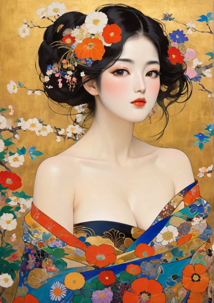 Masterpiece Japanese Painting, Klimt style masterpiece, flat art, Crepas painting, abstract,   lots of flowers  , Staring at a flat illustration, 40 years old, Off Shoulder, harf-open-eyes, sexy,  Bold Composition 、
