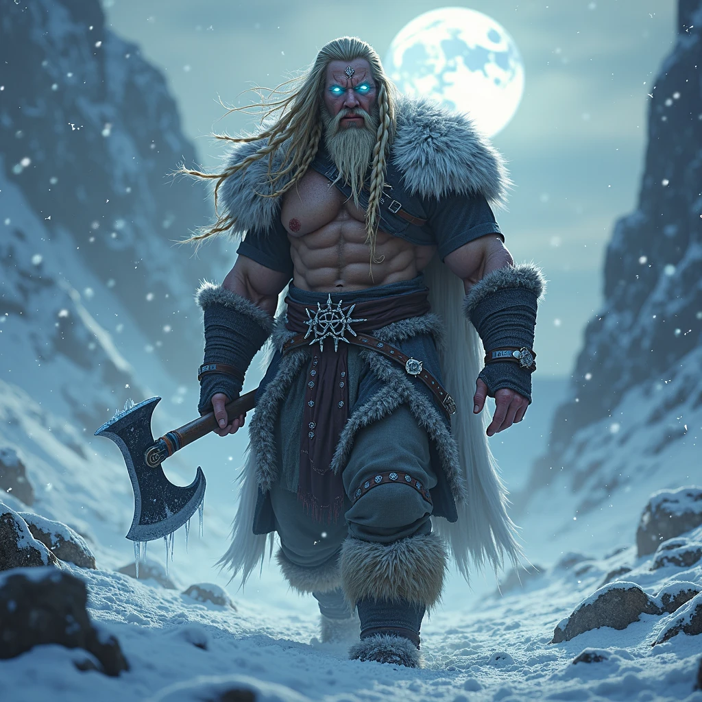 A northern viking demi-god, walking through snow and storm, blonde long hair, beard with one braid with beard-rings ,he is frozen, ice on his clothes ,ice on his skin , ice on his beard ,ice on his hair, snow storm comming behind him, deep blue eyes glowing as ice, othila rune on his forehead, furred clothes, muscle body, holds an axe in hand, fierce, darkness, dark side expression, he is frozen, ice on his clothes ,ice on his skin ,holds an axe in hand, tryndamere, ice frozen axe, ice crystal hammer, north mythology, ice on his beard ,ice on his hair, surrounded by giant frosted mountains , full moon above, almost night ,epic, cinematic, dramatic, intricate details, highly detailed, 8K, hyper-realistic, photorealistic, dramatic lighting, cinematic atmosphere, snow storm, howling wind, blizzard, winter landscape, rocky terrain, ancient ruins, moody tones, cold colors, muted palette, Masterpiece, Best Quality, Anatomically Correct, High Resolution, Best Quality, Detail, HD, High Details, High Quality, Quality, Super Detailed, UHD, Textured Skin,