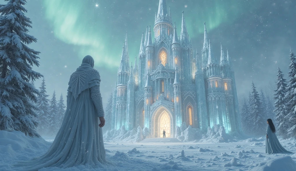 A magical and surreal digital artwork in a frosty fantasy style, capturing the emotional depth of lost love through the imagery of a Snow King's icy realm. In the center, the Snow King stands before his crystalline ice castle, his figure emanating cold majesty with a long cloak adorned with shimmering ice crystals. His eyes glow faintly, like a winter storm trapped within. Around him, endless snowy plains stretch out, dotted with frost-covered trees that sparkle under the northern lights. The castle itself is made of transparent ice, its spires resembling delicate frozen flowers, glowing softly from within. Inside the castle, a lone woman stands by a window, her hair shimmering like frost, her gaze filled with sorrow. Floating snowflakes swirl lazily in the air, carrying fragments of memories. A broken icy throne sits at the heart of the castle, symbolizing the fragility of even eternal ice. The atmosphere is serene yet melancholic, blending muted tones like pale blue, silver, and white with glowing accents of soft gold. Hyper-detailed elements, such as the intricate ice patterns and glowing reflections, add depth and meaning. 16:9 aspect ratio, cinematic composition designed to evoke wonder and introspection.