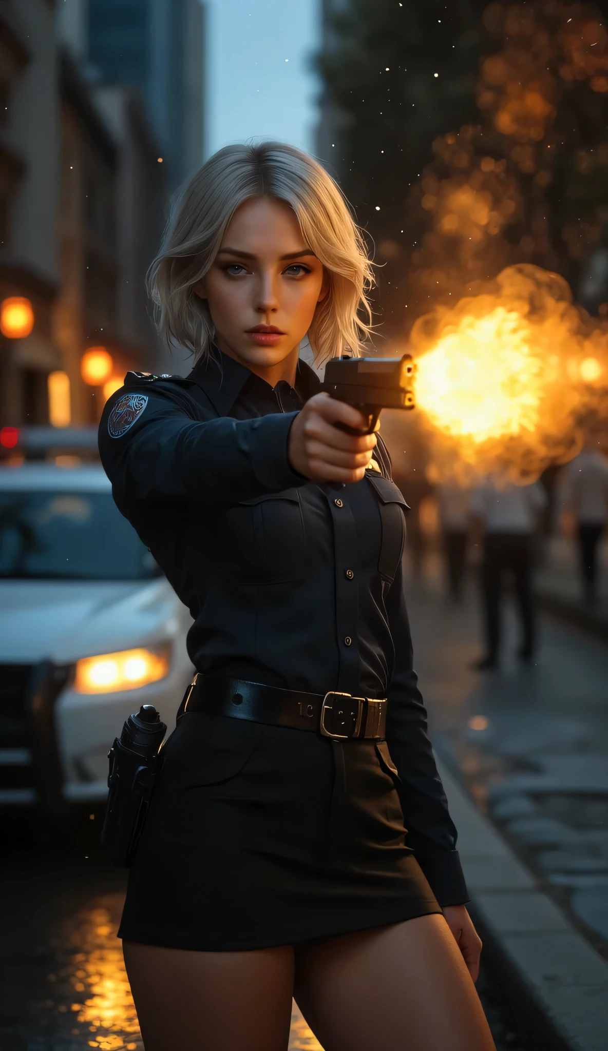 one female, (Police cars), ((Highest quality)), ((masterpiece)), (detailed), ((very detailed face)), High resolution photograph, full body portrait, slim face, pretty woman, (platinum blonde hair), blue eyes, detail eyes, double eyelids, (Beautiful Delicate Eyes and Lips), blurry background, backlight, Good light, (She is on the city streets at night), (A female police officer in her 30s wearing a New York City police uniform, with a police belt that has a gun holster), (She is wearing a miniskirt  and standing on the street), she is holding a Smith & Wesson Model .29 handgun diagonally in front of her chest, she is holding the barrel with her left hand and pulling the trigger with her right hand index finger, causing a bullet to fire from the muzzle, ((Muzzle flash and muzzle smoke coming out of the gun)), (flames and sparks coming out of the muzzle), Her expression is serious, conveying confidence and responsibility as a police officer, The background features an urban cityscape with a police vehicle visible in the scene, Gold, it's raining, ((Pointing a gun at the camera)), ((miniskirt)), ((Muzzle Flash)),

