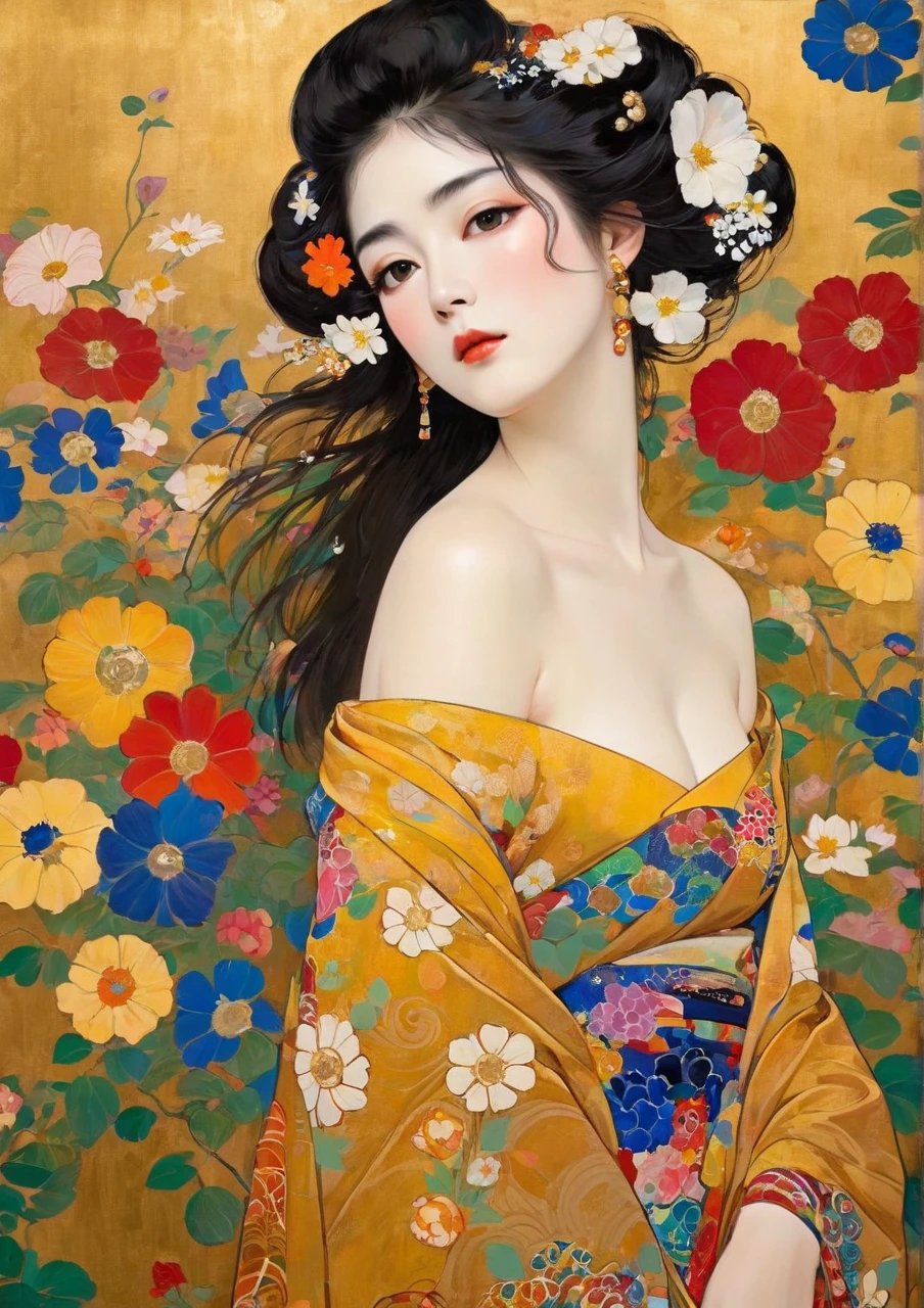Masterpiece Japanese Painting, Klimt style masterpiece, flat art, Crepas painting, abstract,  lots of flowers  , Staring at a flat illustration, 40 years old, Off Shoulder, harf-open-eyes, sexy,  Bold Composition 、