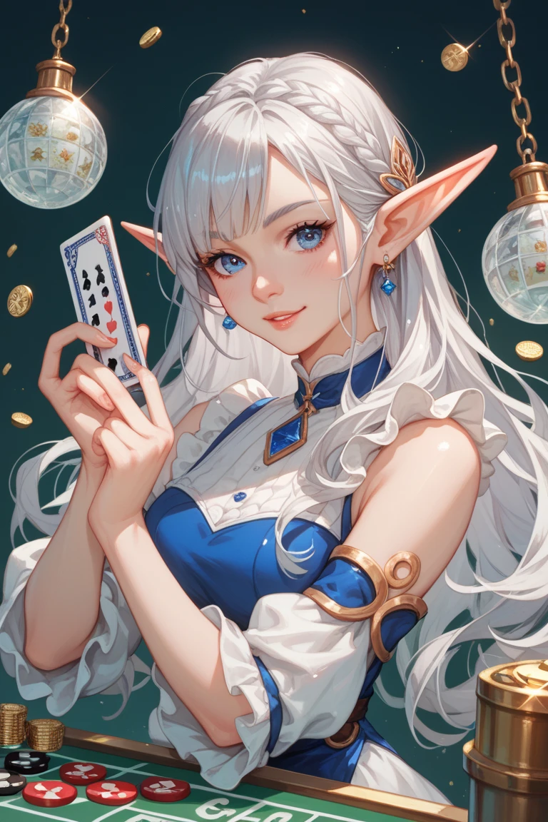 Create an image of cheerful late  female high elf bard charlatan, anime style, with a background associated with gambling elements, holding yarting, with blue and violoet accent on clothing, platinum hair