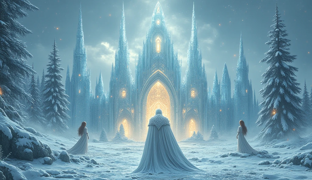 A magical and surreal digital artwork in a frosty fantasy style, capturing the emotional depth of lost love through the imagery of a Snow King's icy realm. In the center, the Snow King stands before his crystalline ice castle, his figure emanating cold majesty with a long cloak adorned with shimmering ice crystals. His eyes glow faintly, like a winter storm trapped within. Around him, endless snowy plains stretch out, dotted with frost-covered trees that sparkle under the northern lights. The castle itself is made of  ice, its spires resembling delicate frozen flowers, glowing softly from within. Inside the castle, a lone woman stands by a window, her hair shimmering like frost, her gaze filled with sorrow. Floating snowflakes swirl lazily in the air, carrying fragments of memories. A broken icy throne sits at the heart of the castle, symbolizing the fragility of even eternal ice. The atmosphere is serene yet melancholic, blending muted tones like pale blue, silver, and white with glowing accents of soft gold. Hyper-detailed elements, such as the intricate ice patterns and glowing reflections, add depth and meaning. 16:9 aspect ratio, cinematic composition designed to evoke wonder and introspection.