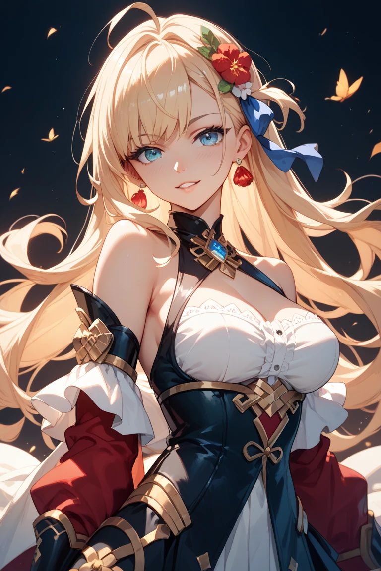 1 girl,Depp's Sense,confused,catch light,Super beautiful illustration,(blonde,long hairstyles:1.6),turn around,eye shadow,(Red clothes,Gothic Lolita),Upper body,;d,beautiful and delicate flowing hair,delicate and detailed blue eyes,emphasized chest,big breasts