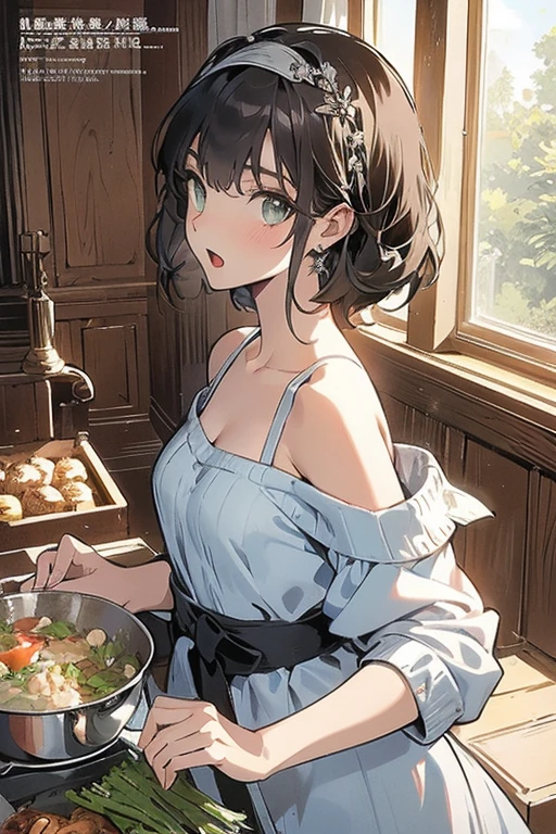(small breasts:1.3), (perky chest:1.1), (pointed chest:1.0), (fashion magazine cover:1.3),(from below:1.0),(from side:0.9),masterpiece, 1girl, Amazing Cleavage:1.1, thin waist, big ass, Raised sexy, small breast: 1.3, posed cleavage:1.2、solo, looking at viewer, open mouth, have a cute grass of cute beergrass,black hair, dark green eyes, dress, bare shoulders, jewelry, collarbone, sidelocks, hairband, earrings, indoors, off shoulder, :o, sweater, arms behind back, plant, short hair with long locks, gild hairband, off-shoulder dress, sweater dress, off-shoulder sweater, red sweater, dark gord hair, big side hair, very long side hair,is rendered in (masterpiece: 1.2, best quality), with (ultra high resolution) and an exquisite (depth of field). This masterpiece is not only visually stunning but also tells,A scene of cooking in the kitchen by classroom