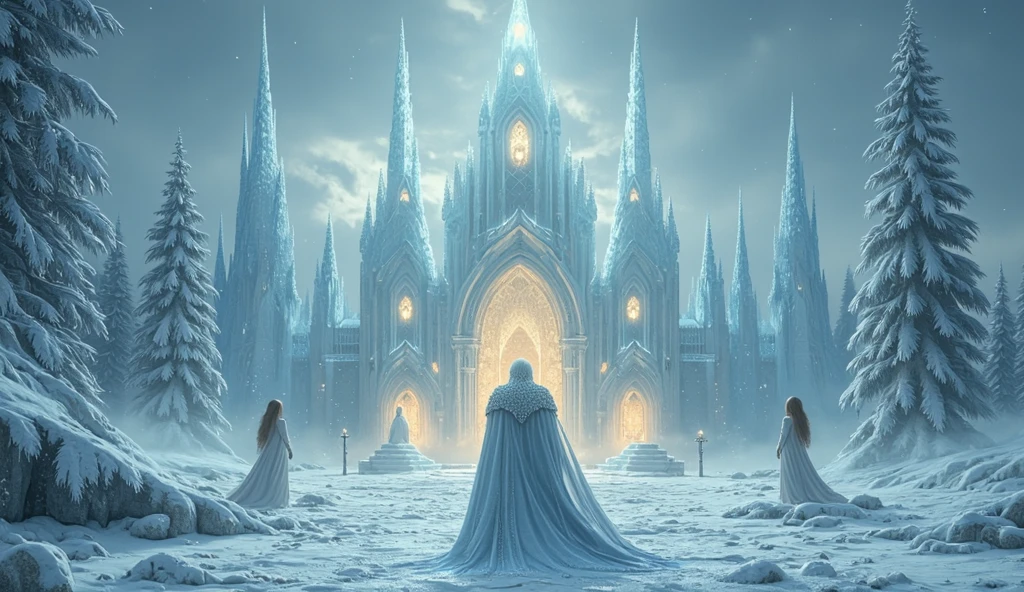 A magical and surreal digital artwork in a frosty fantasy style, capturing the emotional depth of lost love through the imagery of a Snow King's icy realm. In the center, the Snow King stands before his crystalline ice castle, his figure emanating cold majesty with a long cloak adorned with shimmering ice crystals. His eyes glow faintly, like a winter storm trapped within. Around him, endless snowy plains stretch out, dotted with frost-covered trees that sparkle under the northern lights. The castle itself is made of transparent ice, its spires resembling delicate frozen flowers, glowing softly from within. Inside the castle, a lone woman stands by a window, her hair shimmering like frost, her gaze filled with sorrow. Floating snowflakes swirl lazily in the air, carrying fragments of memories. A broken icy throne sits at the heart of the castle, symbolizing the fragility of even eternal ice. The atmosphere is serene yet melancholic, blending muted tones like pale blue, silver, and white with glowing accents of soft gold. Hyper-detailed elements, such as the intricate ice patterns and glowing reflections, add depth and meaning. 16:9 aspect ratio, cinematic composition designed to evoke wonder and introspection.