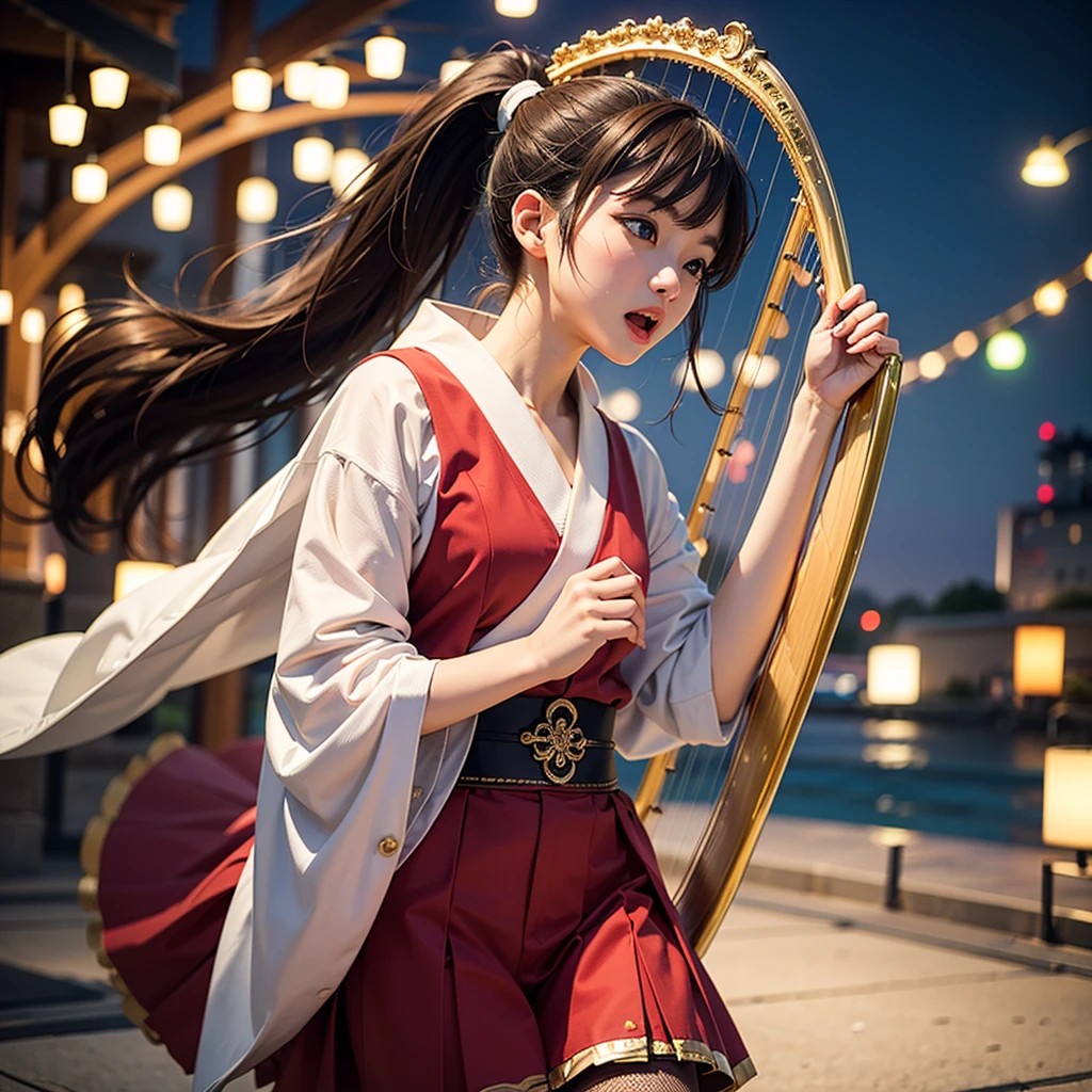 20 year old Japanese woman singing in 2,gold fishnet suits:1.9,tights:1.5,(top quality、In 8K、masterpiece:1.2)、embarrassed:1.4、perfect body beauty:1.2、(ponytail:1.3),(light brown hair:1.harp jaw