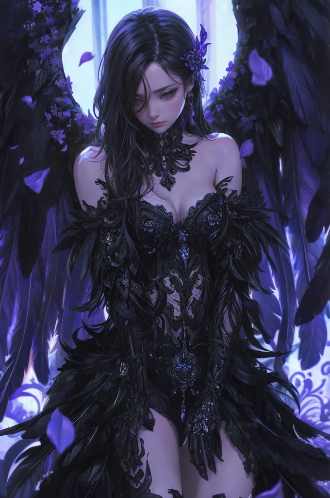 Beautiful flower angel, Futuristic Gothic style, Highly detailed face and body, Anime Style, Realistic, Cinema Lighting, Intricate floral pattern, Mysterious Wings, Beautiful pose, Moody color palette, Volumetric Light Effects, Ultra-realistic textures, Flamboyant Gothic architecture, Amazing digital art