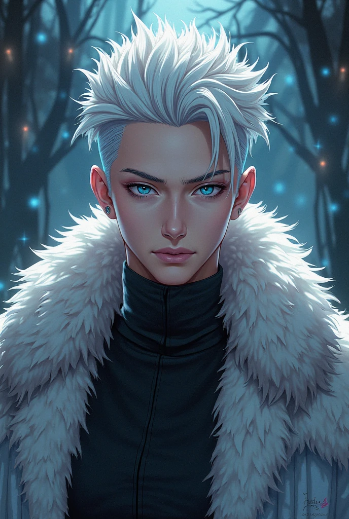 Young man with white hair, slicked back undercut, blue eyes, wearing a fur jacket. anime