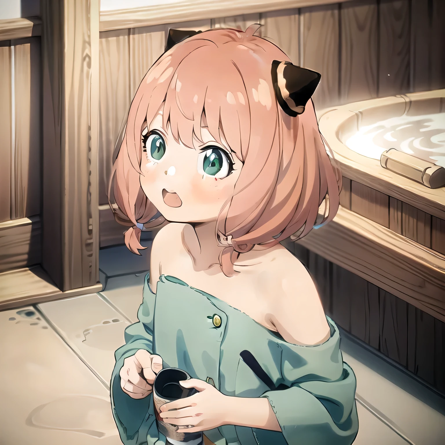 The background is a traditional Japanese public bathhouse (sento). The character is wrapped in a towel around the body, preparing to enter the bath. Pink hair, twin tails, green eyes.