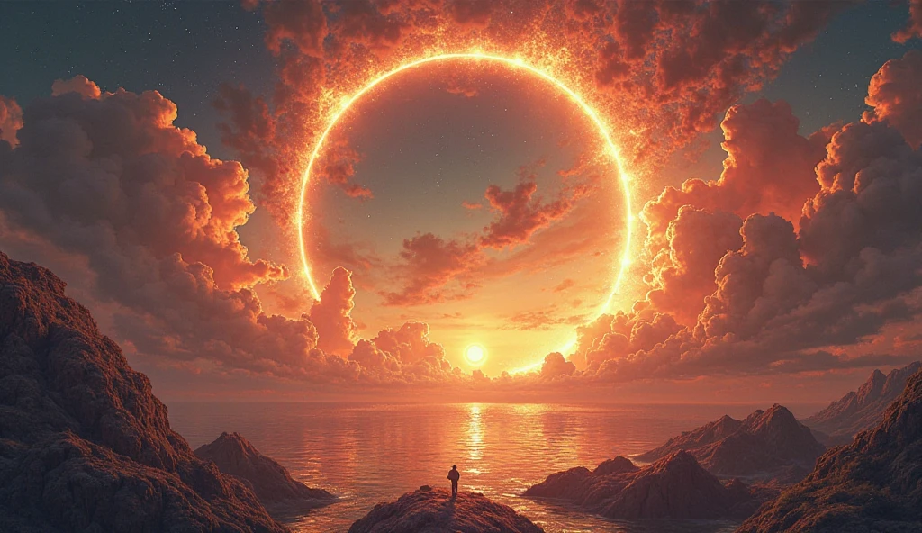 The meticulously detailed rendering captures the captivating beauty of the halo, awe-inspiring and awe-inspiring. The intricate compositions and imagery of the art help to emphasize the essence of celestial events, creating a truly stunning visual masterpiece, with hues of sunset, phoenix