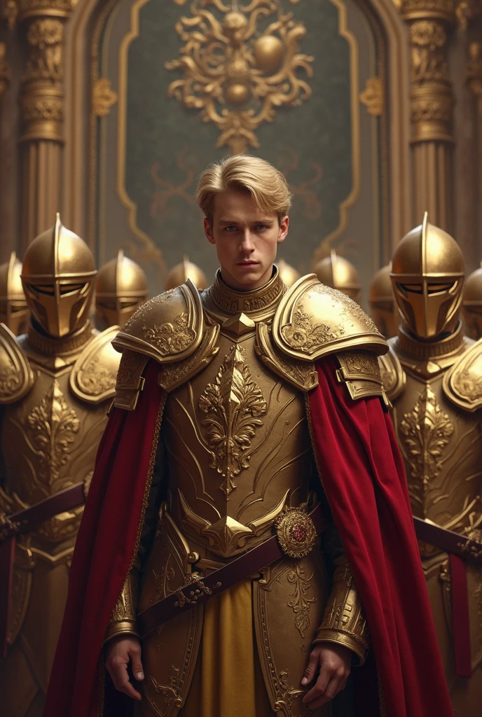 Classic christian cruel emperor , blonde hair , young , golden kights
