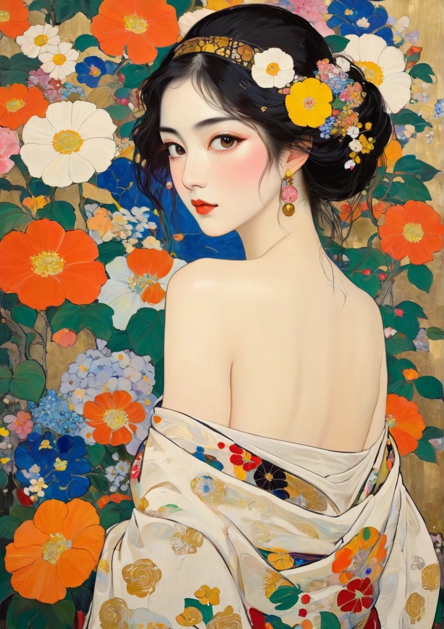 Masterpiece Japanese Painting, Klimt style masterpiece, flat art, Crepas painting, abstract,  lots of flowers  , Staring at a flat illustration, 40 years old, Off Shoulder, harf-open-eyes, ????,  Bold Composition 、