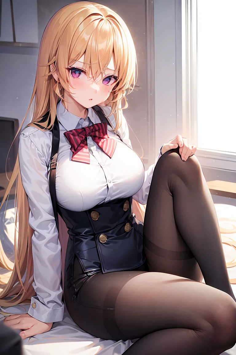 (Masterpiece, top-quality, high-quality, ultra-detailed, extremely detailed, ultra-high resolution), (Cowboy shot, back shot from below, low angle), Focus on the curvy hips and boots, Stunning game CG, Intricately detailed lighting, Slim body with prominent collarbones, Slender body shape, Detailed and expressive eyes, Kawaii and cute girl, Large breasts, 1 Girl, Solo, Uwabaki (traditional Japanese Straw Sandals), Competition swimsuit, Gazing directly at the viewer, Classroom setting, Sitting on a worn-out chair, Showing a wide smile, Leaning on the