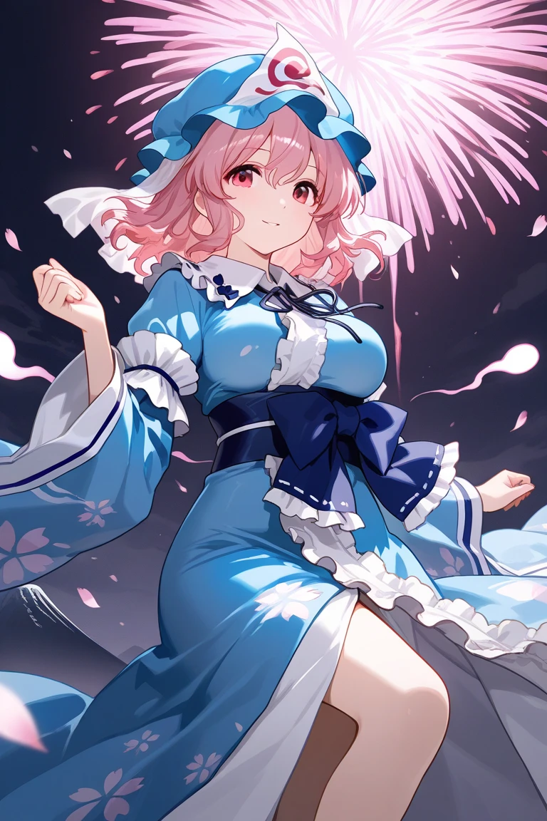 masutepiece, Fine detail, 4K, 8K, 12K, Solo, Two people, Beautiful Girl, caucasian female, Yuyuko Saigyouji, cowboys_shot, up looking_で_viewer, Thick_thighs thighs thighs thighs, SUI_Back, extra detailed body, flat chest, girl,Woman,Female, 年轻,20 years old, Short hair, Wavy Hair, Bangs, hair between eye, Pink hair, beautiful detailed Glass hair, beautiful detailed cold face, , extremely detailed eye, parted_Lips, Fingernails, cleavage, zettai_ryouiki, Red Eyes, White skin, wide_sleeves, frilld, See-through, aqua Clothes, flowingwater, Extreme sparkling light of waves, Falling petals, Detailed CG Unity 8K wallpapers, Highly detailed CG unified 8K wallpaper, Highly detailed CG 8K wallpaper,