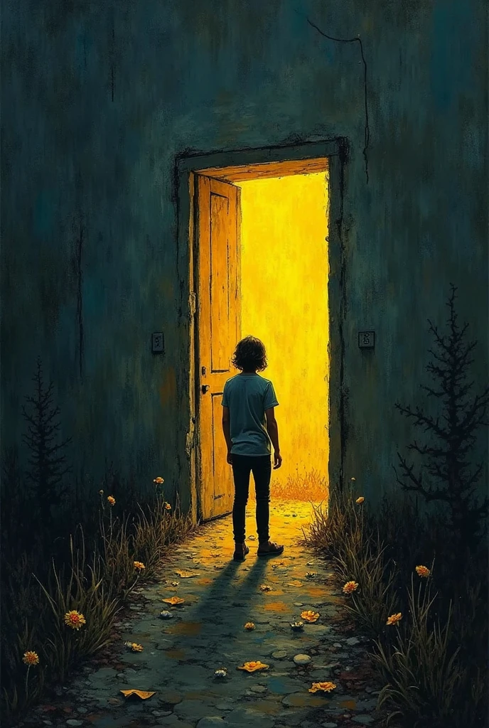 Make me a person who stands in the dark, afraid and confused. There is a door full of yellow light as a sign of hope, but the road to this door is full of thorns that prevent a person from entering the door in an artistic style similar to Van Gogh's style and its square pictures