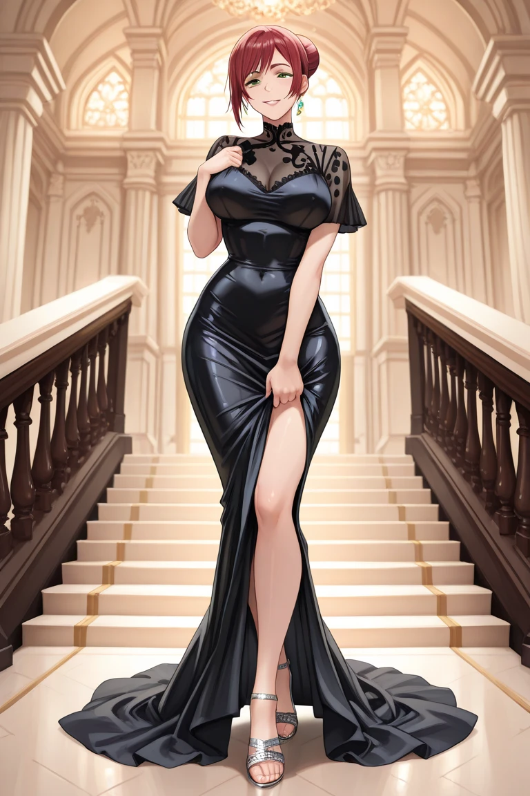 Smile , simple black dress , Full body, Wide Angle, From above , perfect waist , ( masterpiece ), Wallpaper,Beautiful skin , dark hair , milf , ( shiny white skin ) , black stockings , High heels