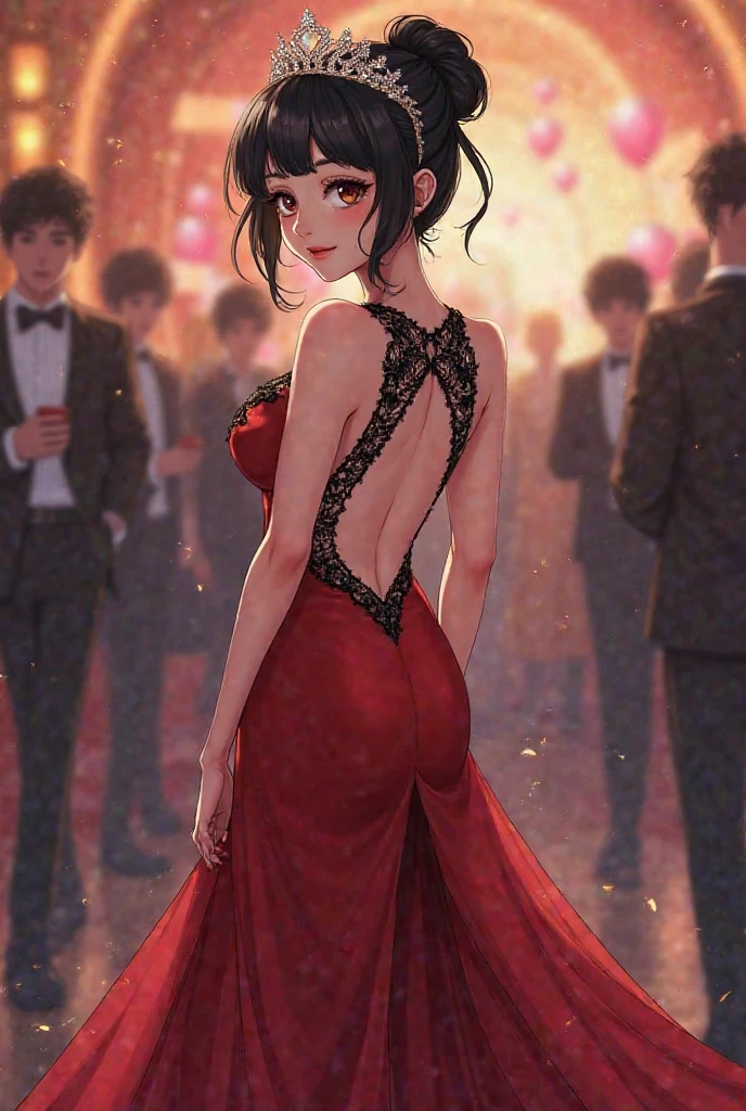 anime style image , 20 year old woman, long straight black hair, red eyes, dressed in a red dress, at a party having a glass of wine