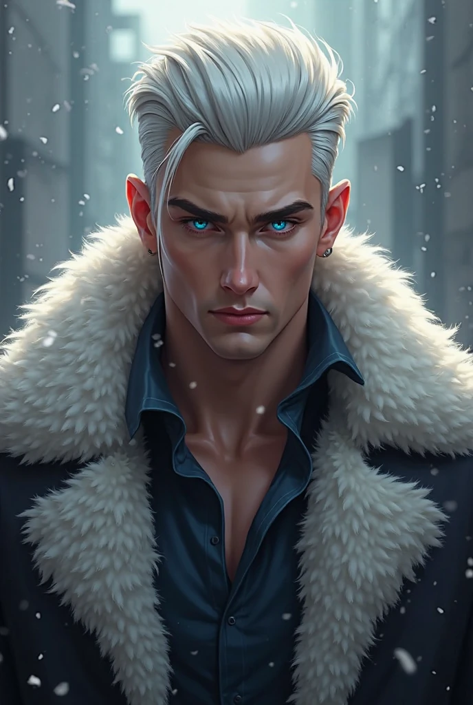 Young man with white hair, slicked back undercut, blue eyes, wearing a fur jacket. Lookism