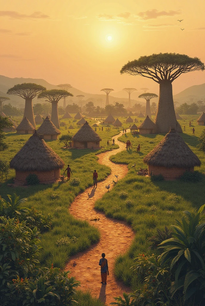 A peaceful African village at sunrise — golden light spreading across fields, traditional huts, baobab trees, chirping birds, and a warm, calm atmosphere