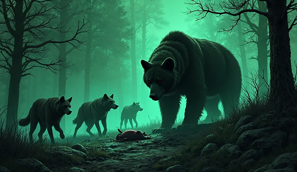 black and white, horror comic style, eerie comic style, green night vision color grading A silhouette of A dire wolf pack retreats as a short-faced bear claims a kill.
