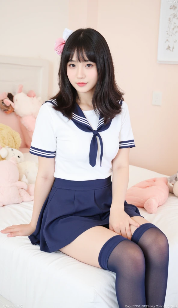 1girl, (solo), (selfie), (), big breast:1.5, ((beautiful anime eyes with fine detail)), realistic skin, sailor suit, (Navy blue pleated miniskirt), beauty of slender female legs, thigh-high socks,