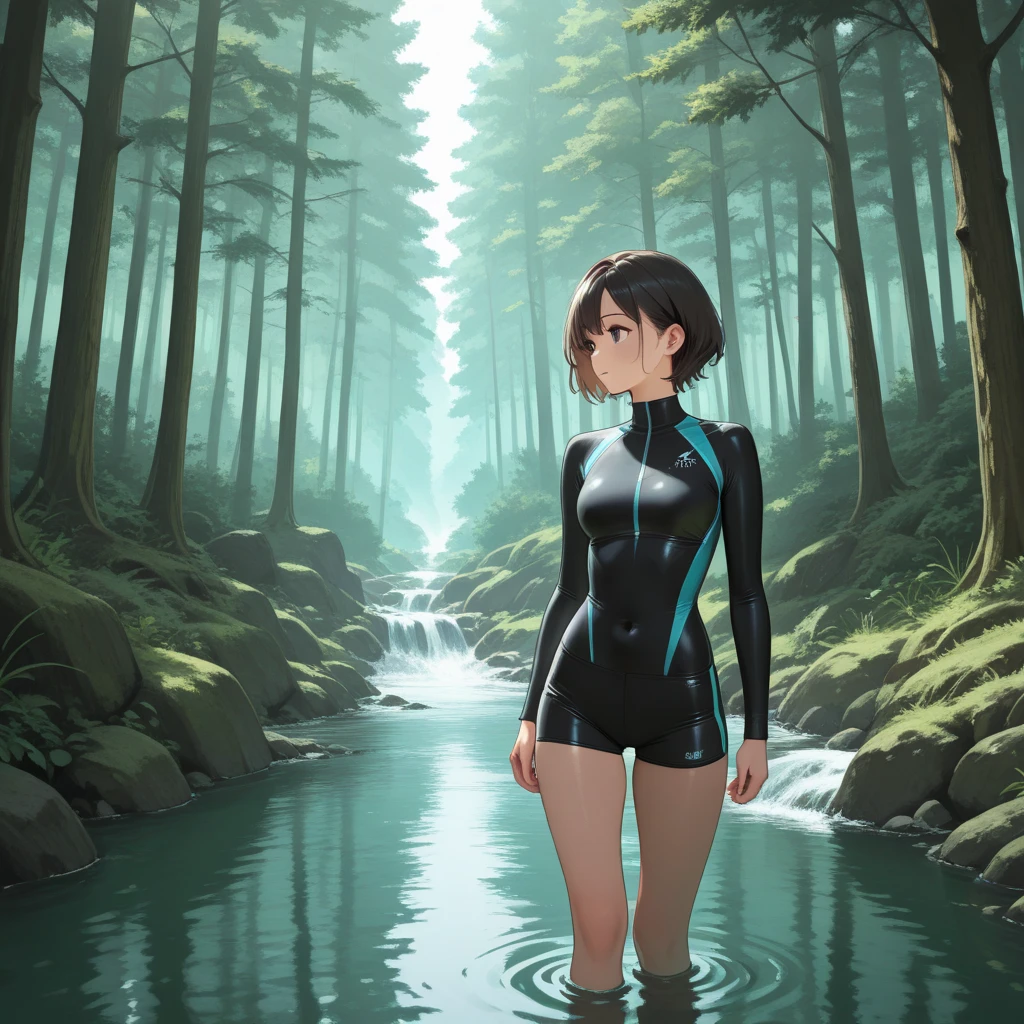 girl on forest, wear tight shorts , ,background river 