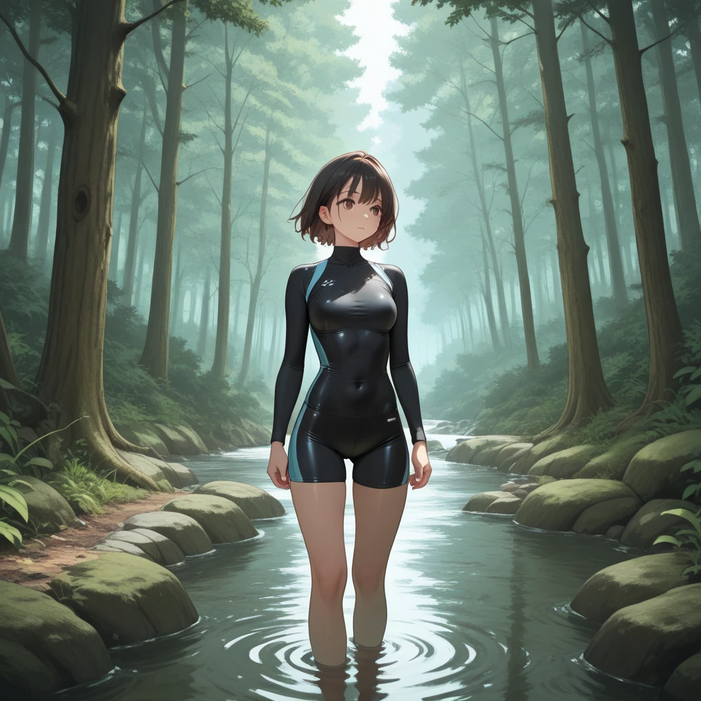 girl on forest, wear tight shorts , ,background river 