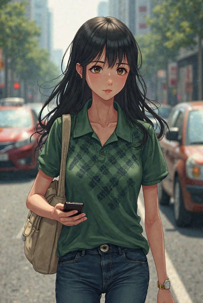 girl with dark hair, dressed in a green polto in a black check, holds a milk-colored purse in his left hand, and on the right phone, she goes straight, it is surrounded by passing cars.