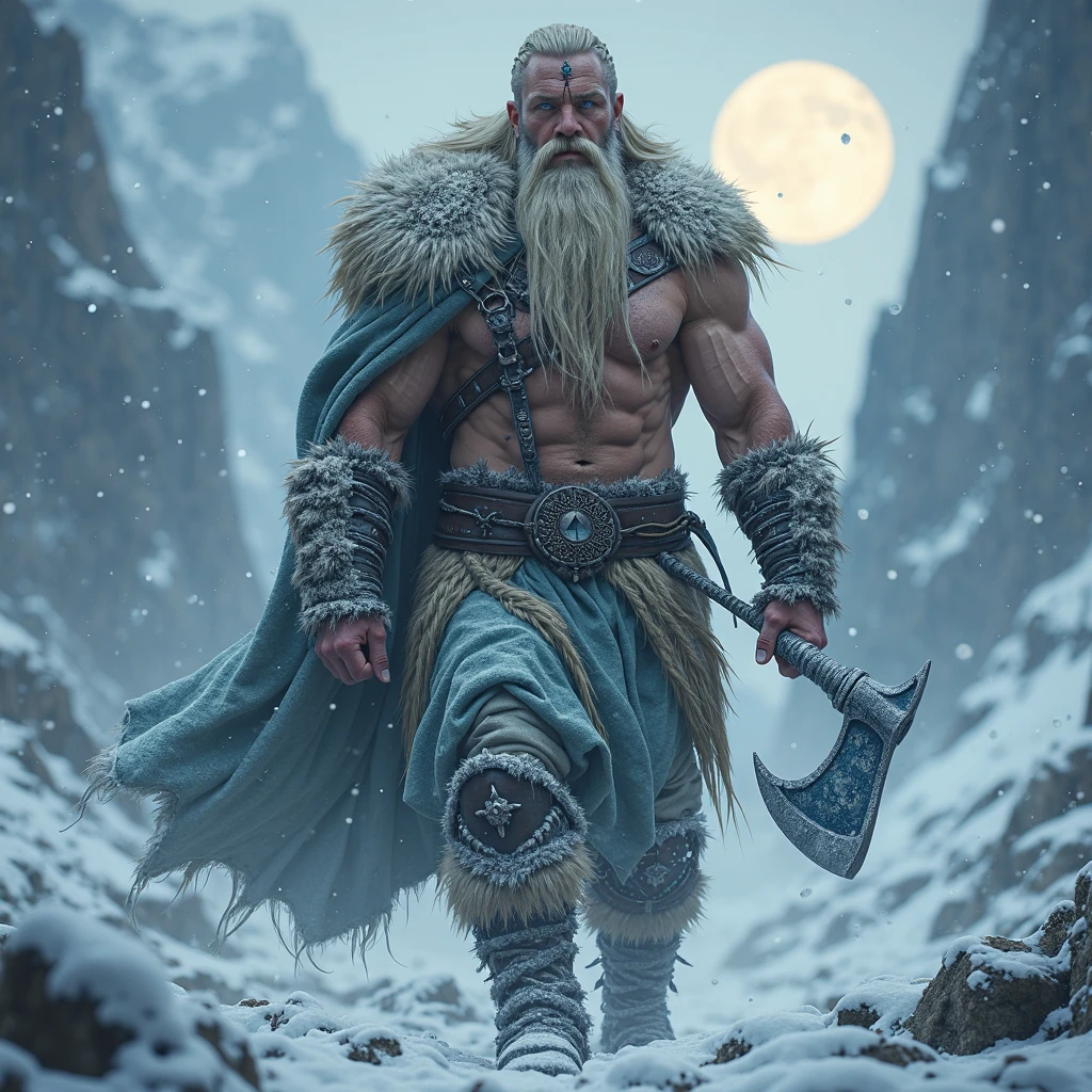 A northern viking demi-god, walking through snow and storm, blonde long hair, beard with one braid with beard-rings ,he is frozen, ice on his clothes ,ice on his skin , ice on his beard ,ice on his hair, snow storm comming behind him, deep blue eyes glowing as ice, othila rune on his forehead, furred clothes, muscle body, holds an axe in hand, fierce, darkness, dark side expression, he is frozen, ice on his clothes ,ice on his skin ,holds an axe in hand, tryndamere, ice frozen axe, ice crystal hammer, north mythology, ice on his beard ,ice on his hair, surrounded by giant frosted mountains , full moon above, almost night ,epic, cinematic, dramatic, intricate details, highly detailed, 8K, hyper-realistic, photorealistic, dramatic lighting, cinematic atmosphere, snow storm, howling wind, blizzard, winter landscape, rocky terrain, ancient ruins, moody tones, cold colors, muted palette, Masterpiece, Best Quality, Anatomically Correct, High Resolution, Best Quality, Detail, HD, High Details, High Quality, Quality, Super Detailed, UHD, Textured Skin,