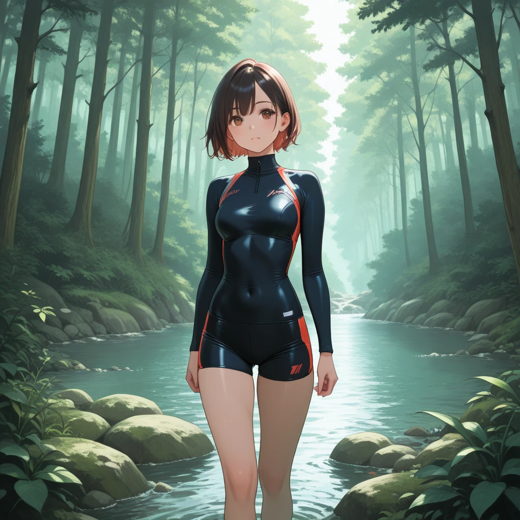 (masterpiece:1.3), (Best Quality:1.3), (Ultra-detailed:1.2), ((kawaii)), Cute, (lovely), ((sexy)), ((Extremely detailed)), 4K, (8K), Best Quality, (Beautiful), Illustration, anime style, painting, flat color, (bold line:1.2), Gradation, full body, (focus on background), //, standing, //, Forest with autumn leaves falling, (submersion), wreckage, Sunlight pours in through the perforated ceiling, //, a cute girl, 1girl, 16yo, (solo:1.2), //, (school swimsuit), high-leg type, jacket, backpack, shoes, //, bob cut hair style, pink hair color, (beautiful eyes), (dark skin:1.2), //, big breasts, disproportionate breasts, (Perfect eyes:1.2), (Perfect iris:1.2), //, (smile), (laughing), //, light leaks, shiny-glistening, ultra shiny body, gleaming,