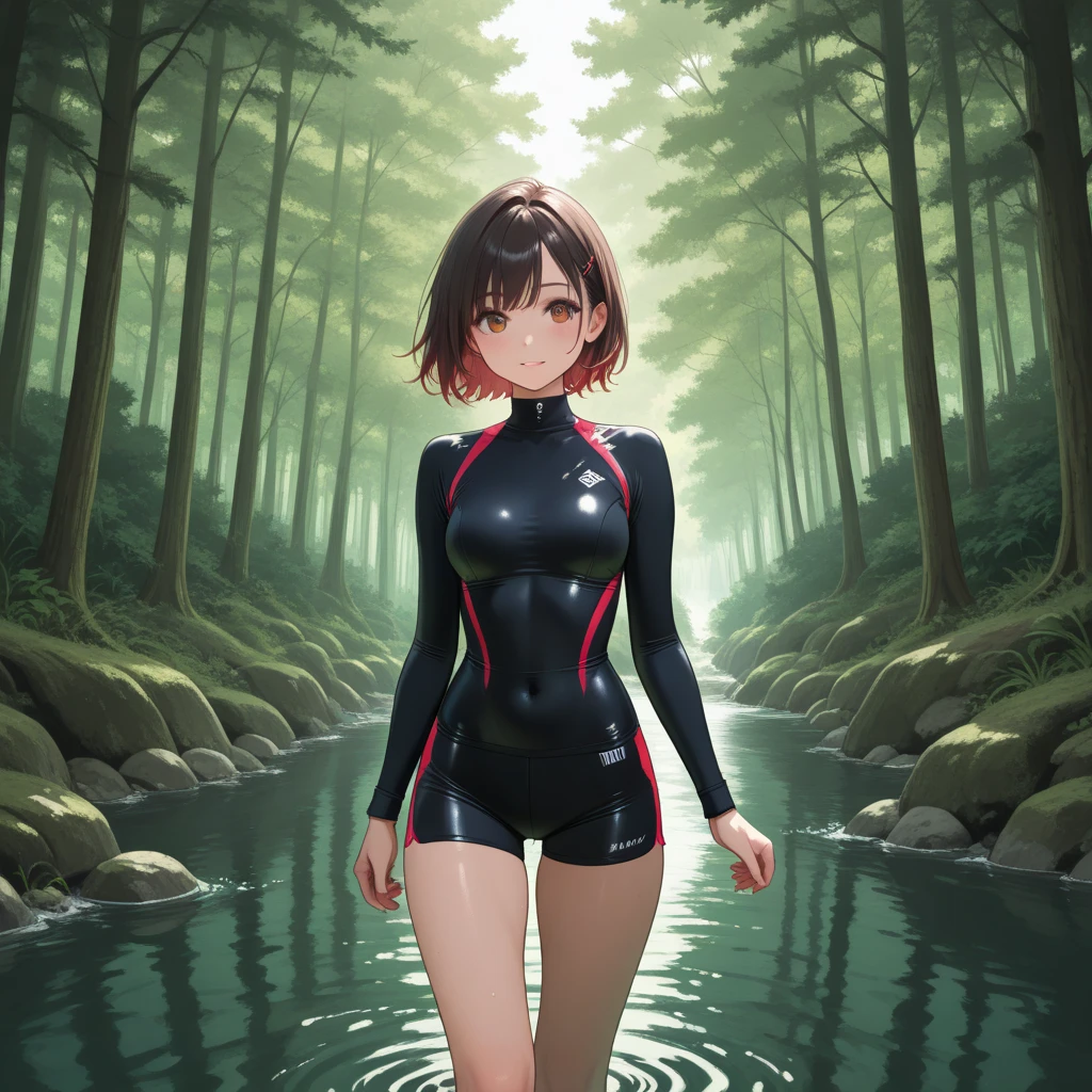 girl on forest, wear tight shorts , ,background river