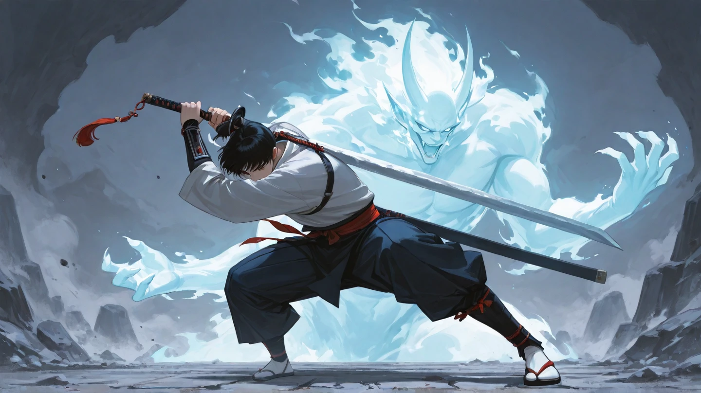 Make a picture of a Korean style male character, who is in a fighting stance using a large sword, and has a giant heavenly demon spirit behind his back.