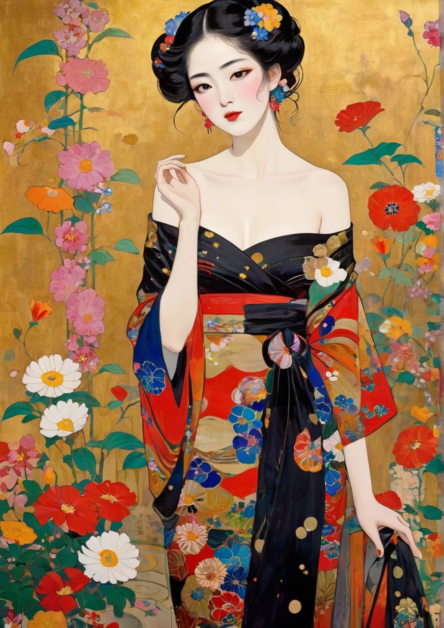 Masterpiece Japanese Painting, Klimt style masterpiece, flat art, Crepas painting, abstract,  lots of flowers  , Staring at a flat illustration, 40 years old, Off Shoulder, harf-open-eyes, ????,  Bold Composition 、