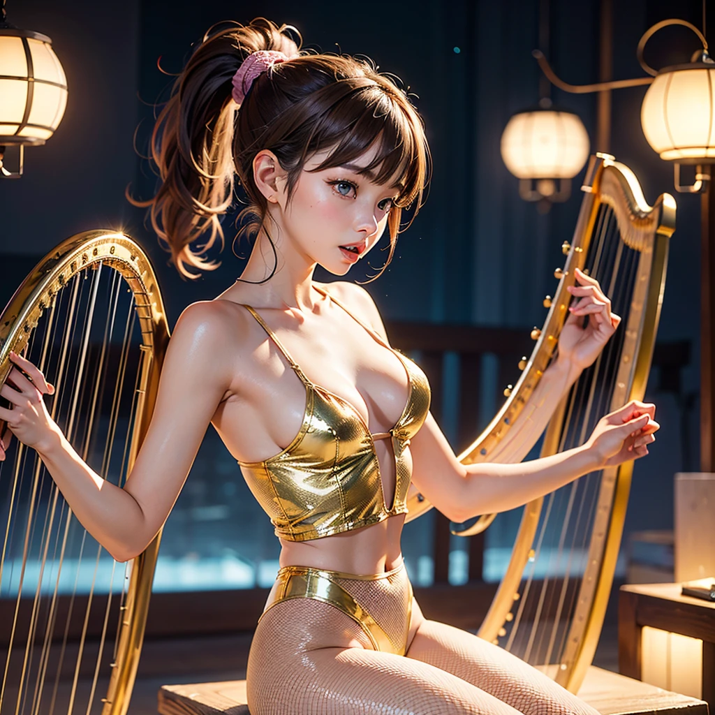 fishnet suits:1.9,20 year old Japanese woman singing in 2,gold fishnet suits:1.9,tights:1.5,(top quality、In 8K、masterpiece:1.2)、embarrassed:1.4、perfect body beauty:1.2、(ponytail:1.3),(light brown hair:1.harp jaw