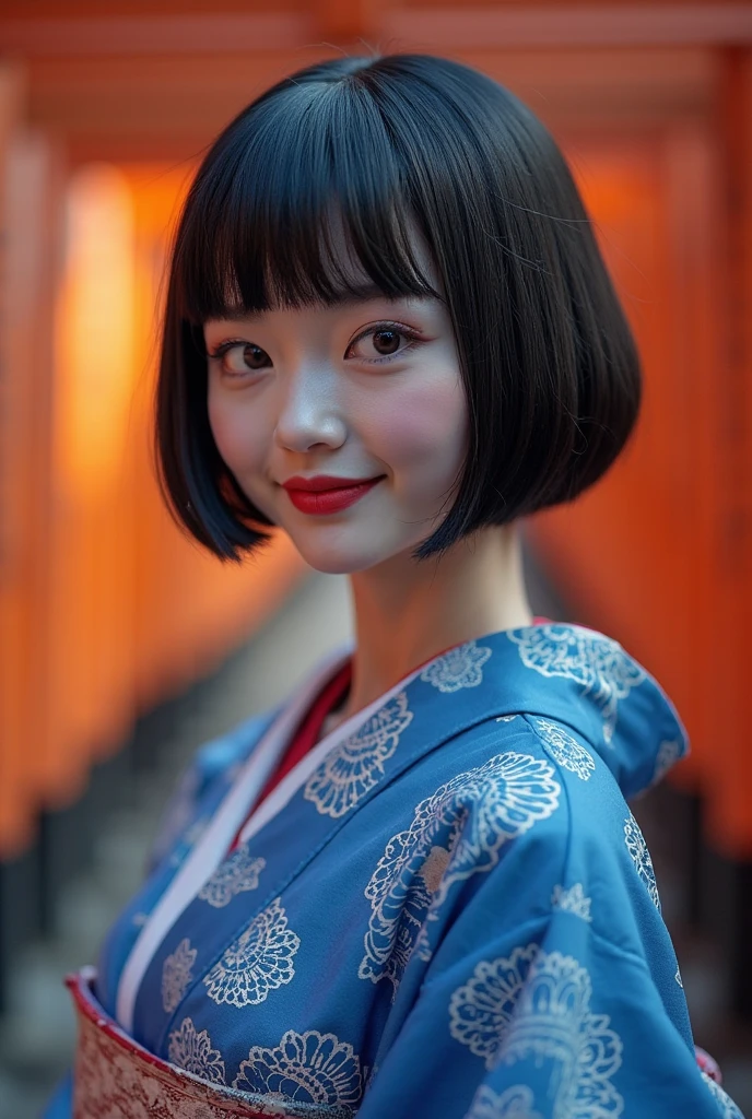 (top quality,4K,8k,high resolution,masterpiece:1.2),very detailed,(realistic,photorealistic,photo-realistic:1.37),Half-glowing Maiko,（full body）、Textured Straight Ultra Short Bob Haircut、Nipples、 small 、frosty gaze with a happy face、perfect anatomy、depth of field、blue kimono with half luminous mandala pattern、Kyoto、Thousand Torii Gates、colorful、Black and White
