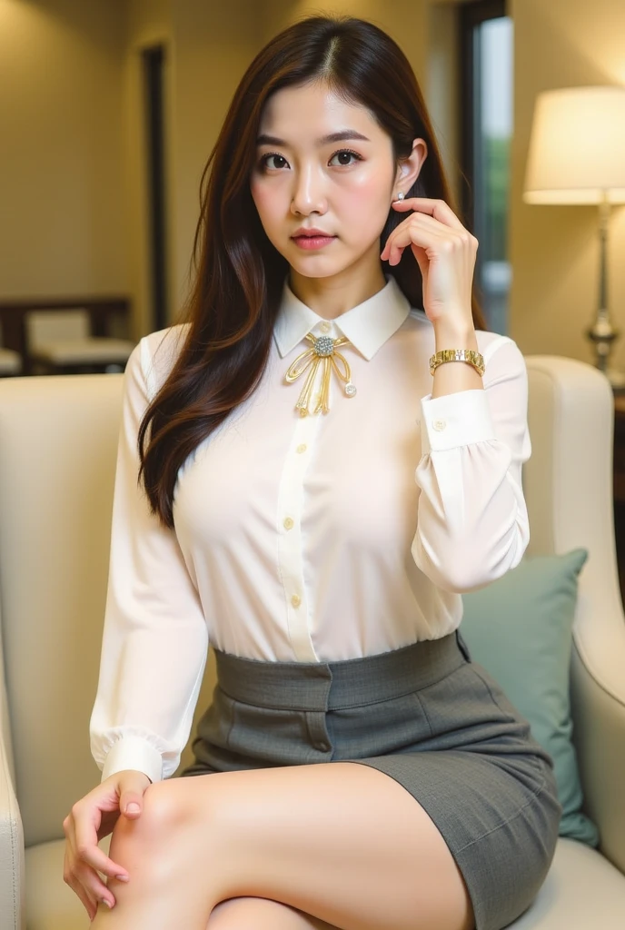 best quality、16K High Resolution、Very detailed、masterpiece、Live shooting、Practical:1.4、Surrealism:1.4、Clear focus、Very refined、nitty gritty、1 female、(European:1.2)、(Blonde)、(Spread your legs:1.3)、(no panties:1.3)、(Not suitable for working hours:1.1)、 (Sitting at the table)、(Super beautiful)、(Pretty Face:1.5)、(Ponytail, stocking)、(Delicate face)、(beautiful eyes)、Perfect round eyes、(Delicate lips)、Lipstick、(Eyeliner)、mascara、Eyeshadow、(Military Green Pencil Skirt,)、White shirt、Green suit, tie、In NSFW