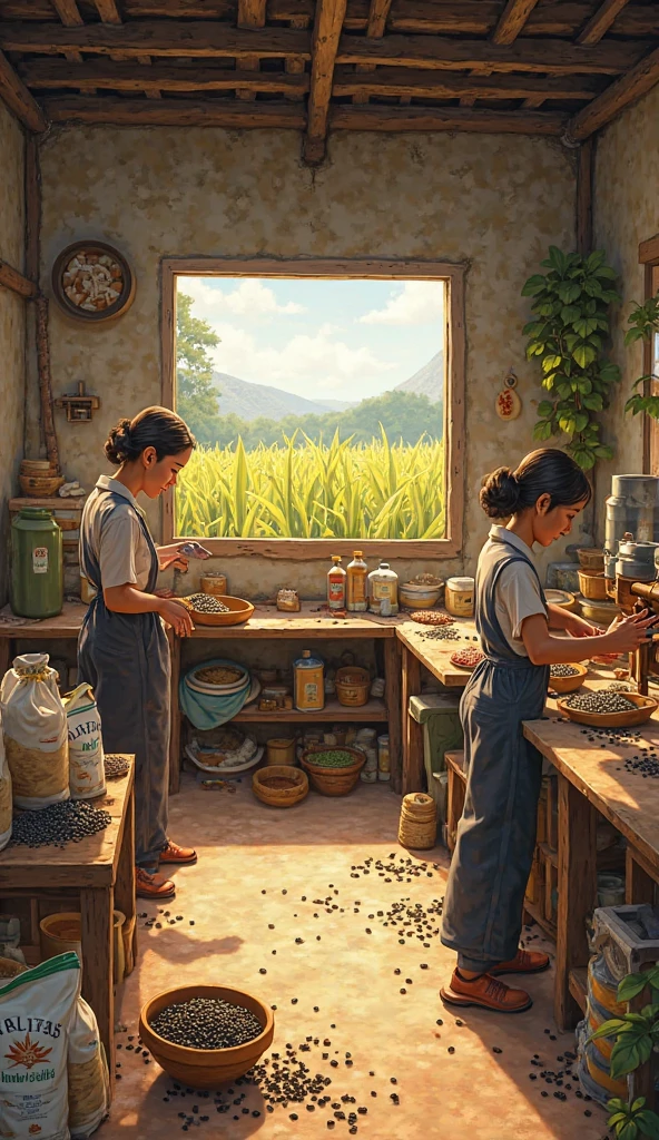 "A warm, detailed artwork of a small Vietnamese processing workshop where workers handle Chia seeds. One worker sorts glossy black seeds into sacks, another grinds seeds into fine Chia flour using a manual mill, and a third packages roasted Chia snacks into branded pouches. The workshop is lit by natural light, with an open window revealing a nearby Chia field, highlighting the value-added potential of local farming."