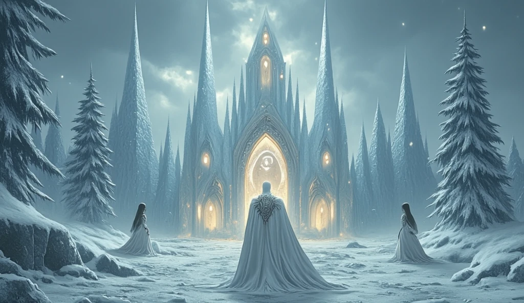 A magical and surreal digital artwork in a frosty fantasy style, capturing the emotional depth of lost love through the imagery of a Snow King's icy realm. In the center, the Snow King stands before his crystalline ice castle, his figure emanating cold majesty with a long cloak adorned with shimmering ice crystals. His eyes glow faintly, like a winter storm trapped within. Around him, endless snowy plains stretch out, dotted with frost-covered trees that sparkle under the northern lights. The castle itself is made of transparent ice, its spires resembling delicate frozen flowers, glowing softly from within. Inside the castle, a lone woman stands by a window, her hair shimmering like frost, her gaze filled with sorrow. Floating snowflakes swirl lazily in the air, carrying fragments of memories. A broken icy throne sits at the heart of the castle, symbolizing the fragility of even eternal ice. The atmosphere is serene yet melancholic, blending muted tones like pale blue, silver, and white with glowing accents of soft gold. Hyper-detailed elements, such as the intricate ice patterns and glowing reflections, add depth and meaning. 16:9 aspect ratio, cinematic composition designed to evoke wonder and introspection.