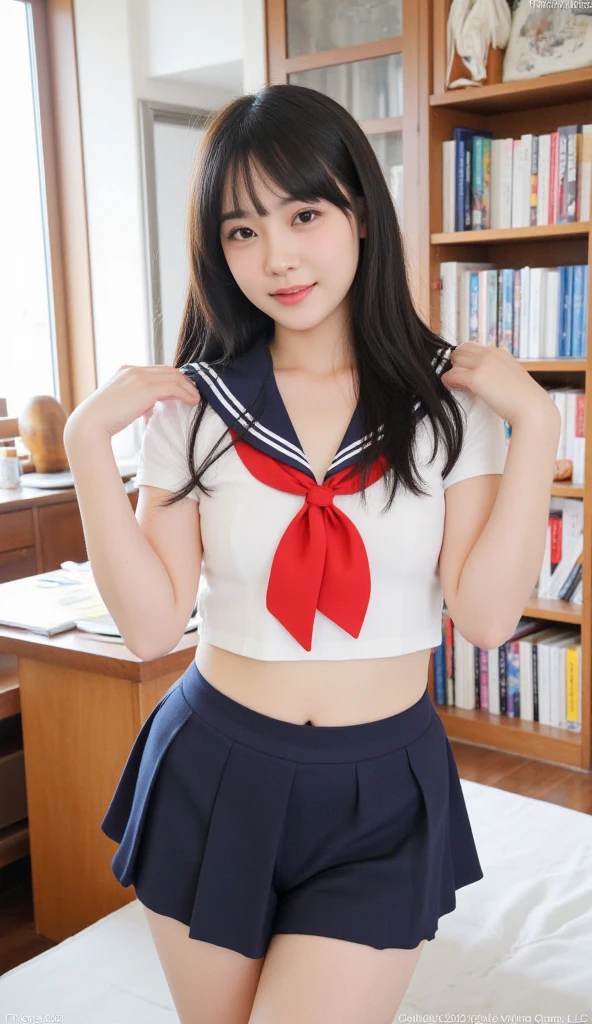 a closeup, ​masterpiece, top-quality, FULL ANATOMY、Raw foto, Photorealsitic、(Cute little face:1.3)、(Very cute smile:1.7)、(with round face:1.9)、(She has a cute face like an idol:1.4), A dark-haired、(Wearing a school uniform:1.4), depth of fields, hight resolution, ultra-detailliert, finely detail, ighly detailed, extremely detailed eye and face, Realistic pupils, foco nítido, Cinematic lighting、19-year-old woman、(One lady、独奏)、 poneyTail、Curly hair、Very detailed 8k wallpaper、Plaid pleated skirt、Show me your whole body、(Plump panties:1.3)、Cute panties in light colors、(Panties are visible from the skirt、Lift the hem of the skirt with both hands、Showing her panties to the camera）、is standing、Angle from below、(Thigh close-up、cammel toe:1.3)、(Nice figure、big breasts thin waist、Kubire、Clothes with emphasized chest bulge:1.3)、depth of fields、Bokeh in the background