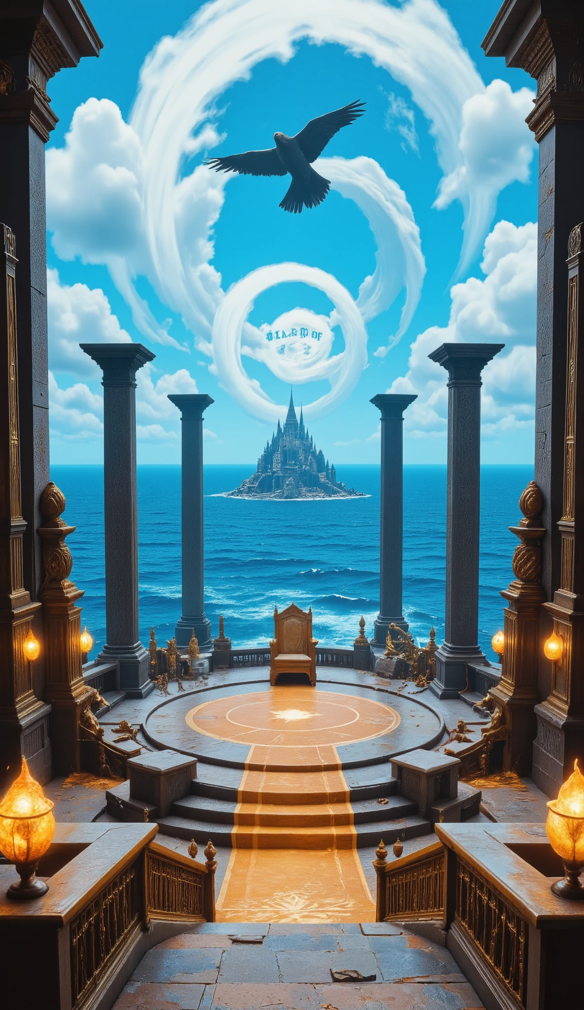 The high-definition image、Royal Palace、represents the blue ocean、The King's Hall of Fame、creates a creative world、「SeaArt」in the center、and、is surrounded by 4 monoliths {x} there is dignity in the back。The throne、a palace where eagles live、creates a creative world。