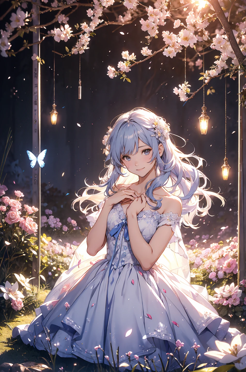 best quality ！mystical  、( cowboy shot   ) 1girl cute smile！smile!   エルフの館 ,  美しい装飾、テーブル、お茶、beautiful room 、Beautiful skin with a chest circumference of 130  、sexy、 Beautiful chest skin ！BEAUTIFUL THIGS、beautiful legs ‼️ slender model figure、　  music 　Healing simple lawn composition fantasy world、western fantasy style  　flower、  beautiful 　美しい室内ステンドグラス　　　Many kinds of flowers　  Mr..々flower　 butterfly々窓の外　cherry blossoms、、 
Keep it simple      　 beautiful brilliance 、long silver blue hair、The strongest beautiful decorative flower sexy white dress、  calm atmosphere   petals、  open 、  Beautiful young body 、  big 胸 、beautiful skin,  、beautiful brilliance,  high definition depiction  ,                              Realistic Fantasy Romanticism ,, ultimate beauty　moving！high resolution, 