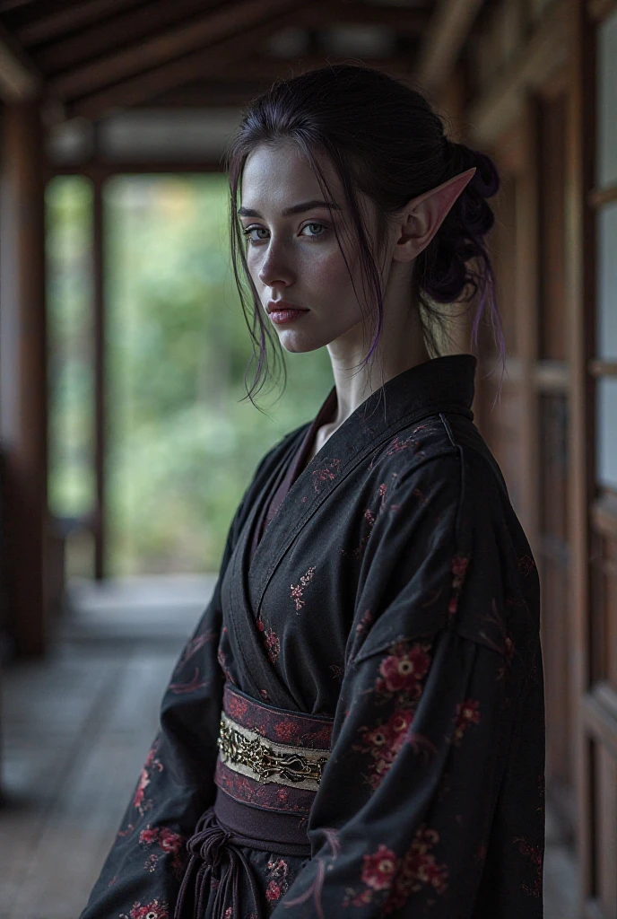 Upper body shot, a gray-skinned European woman, a dark elf, pointed elf ears, gray skin, dark purple hair, closed mouth, feudal Japanese kimono, dynamic pose, complex fantasy character, ????, cinematic lighting, fantasy, magic, detailed background, in a feudal Japanese house, best quality, HDR, 8k, photorealistic, RAW photo, highly detailed