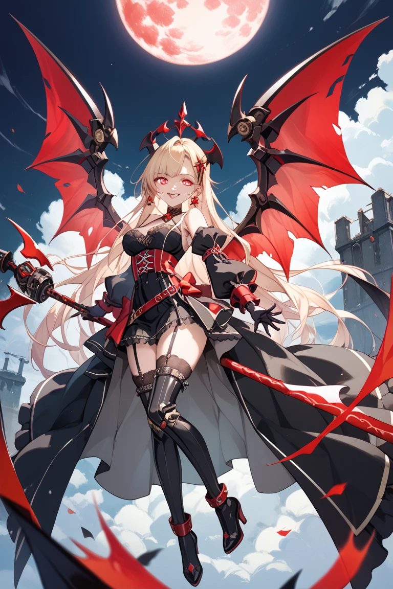 fantasy, 1devil_girl, low_teen, platina_blond_hair,long_bangs,, bare_shoulder, navel out, thighhighs,silver_armor, white_clothes,waist_armor, Glebe, hold_swords, medium_breasts, dynamic_flying_pose,Floating, (1pair_bat_wings:1.2),(pelvic_curtain:1.3), silver_Headgear ,looking_down_at_sunrise_city_sky_background,,slightly_spread_legs, some_swords,some_swords_floating_around_the_girl,solo,horn ,smile,,open_legs,open_arms,rise_knee,rise_leg,rise_thigh,rise_leg,forward_leaning_posture,apart_legs,