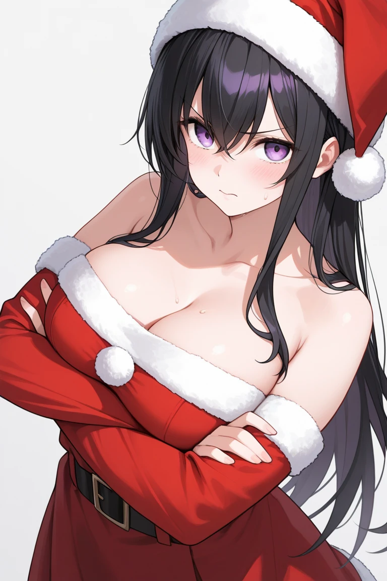best quality Hoshino Ai, long hair, purple hair, streaked hair ,purple eyes, star-shaped pupils, hair ornament, naked , by a christmas tree looking at her presents  sntdrs, santa bikini
fur
belt